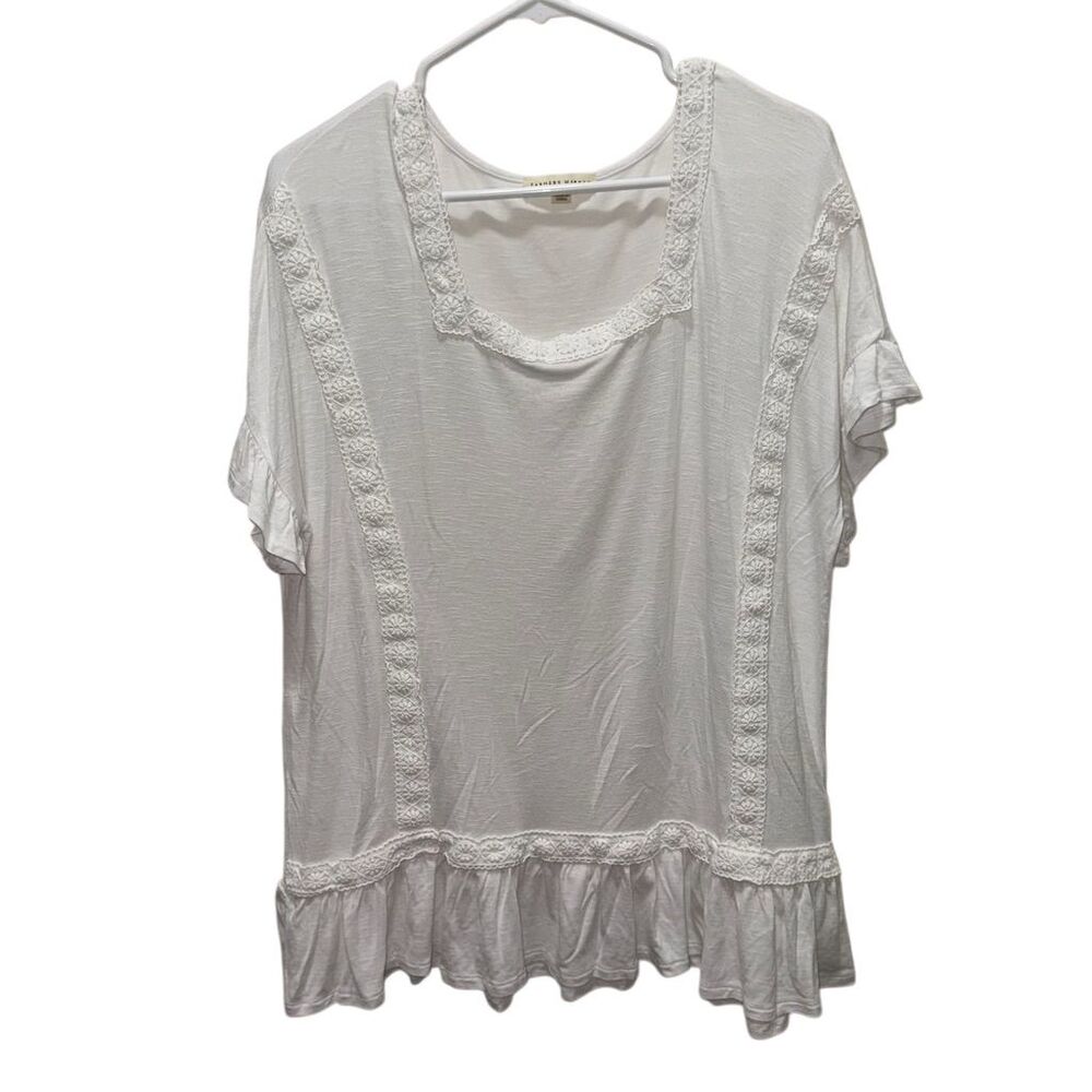 Farmers Market Women's XL White‎ Ruffle Hem Crochet Detail Blouse Casual